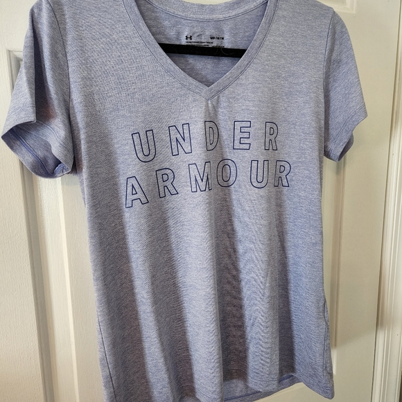 Under Armour | Light Blue Heathered Heat Gear Logo Short Sleeve Top - Picture 6 of 6